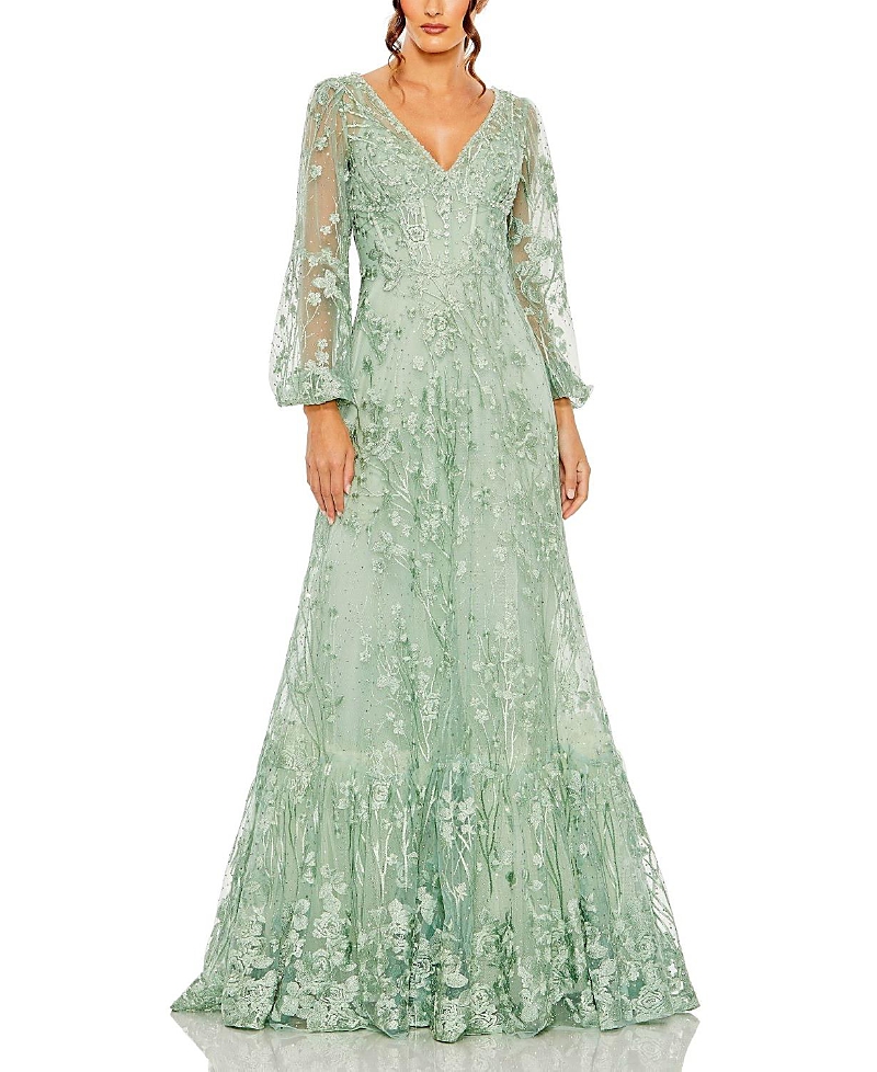 Mac Duggal V Neck Puff Sleeve A Line Embroidered Gown