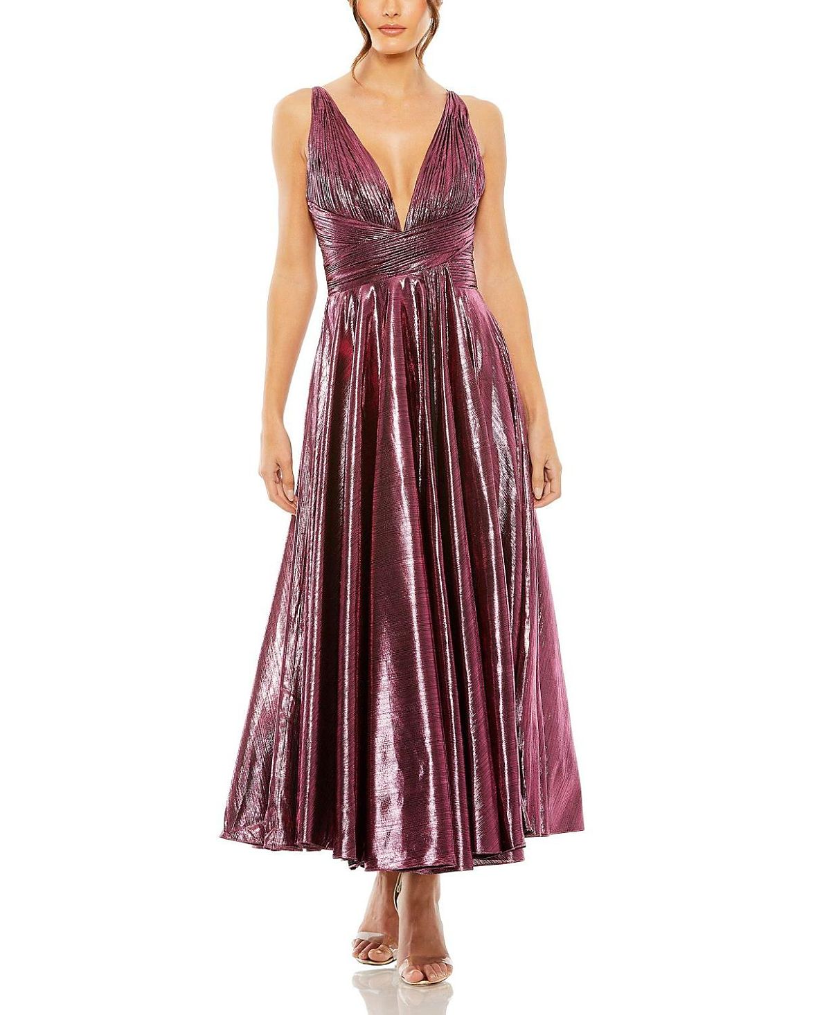 Mac Duggal Sleeveless V Neck Pleated Top Metallic Dress