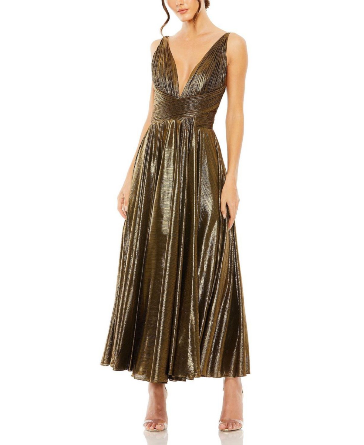 Sleeveless V Neck Pleated Top Metallic Dress
