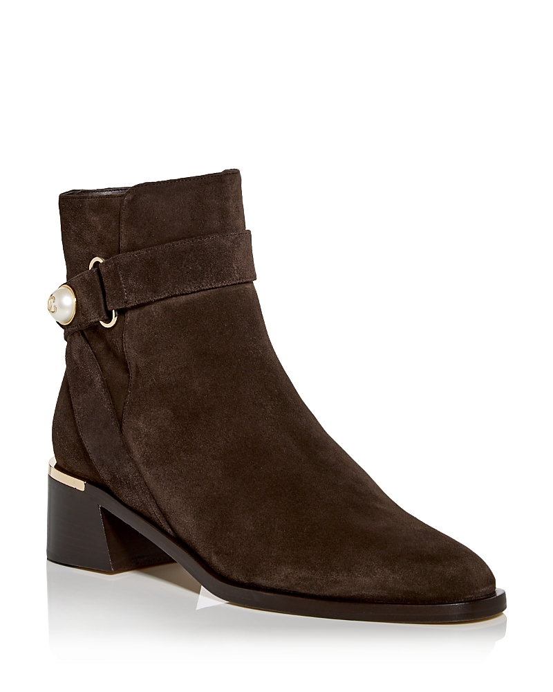 Jimmy Choo Noor Suede Pearly-button Ankle Booties In Brown
