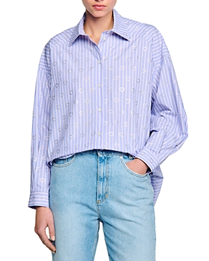 Shop Sandro Valentine Cotton Embellished Shirt In Sky Blue