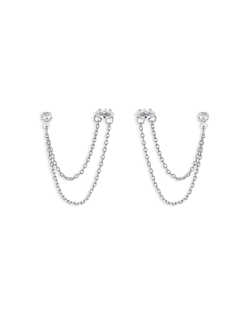 Ettika Double Piercing Chain Drop Earrings In Silver