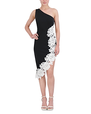 Bcbgmaxazria Lace Applique Asymmetrical Dress In Black Combo