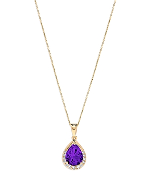 Amethyst & Diamond Pear Halo Pendant Necklace in 14K Yellow Gold, 16