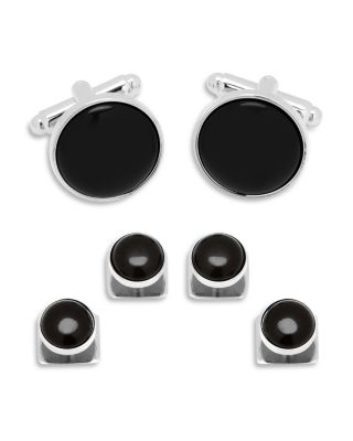 Silver-Tone Round Onyx Stud & Cufflink Set