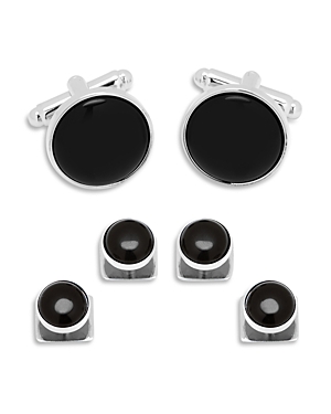 Shop Cufflinks, Inc Silver-tone Round Onyx Stud & Cufflink Set In Black