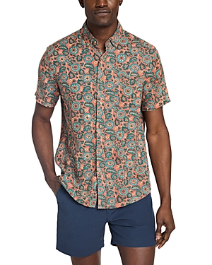 Shop Faherty Breeze Short Sleeve Printed Button Front Shirt In Rose Turquoise Blossom
