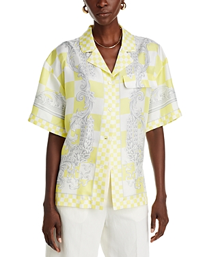 Shop Versace Printed Silk Shirt In Pale Yellow + Silver
