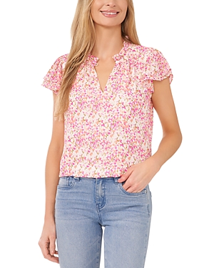 Shop Cece Floral Print Flutter Sleeve Top In Peach Coral