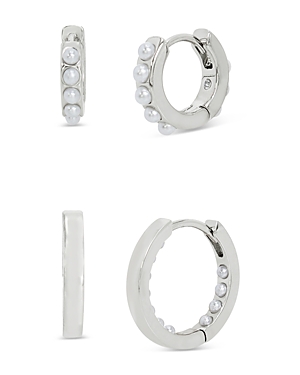 Shop Allsaints Imitation Pearl Hoop Earring Set In White/silver