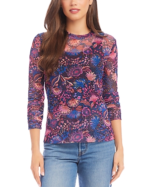 Shop Karen Kane Shirred Sleeve Printed Mesh Top In Floral