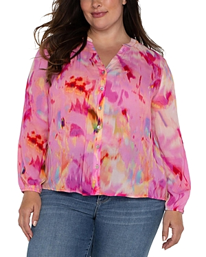 Liverpool Los Angeles Plus Watercolor Print Shirred Blouse