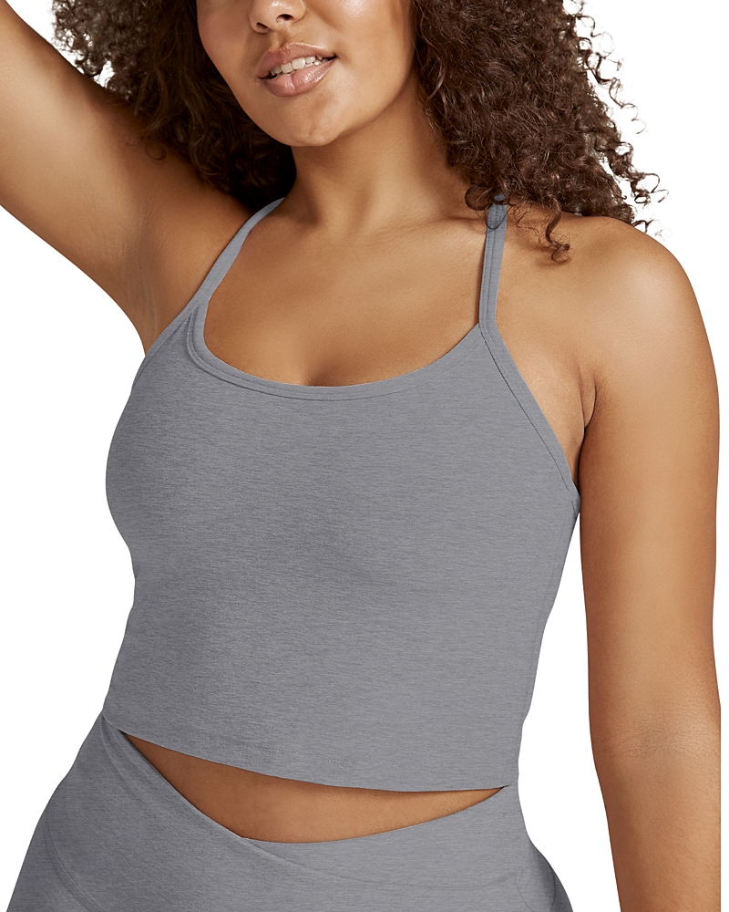 BEYOND YOGA SPACEDYE SLIM RACERBACK CROPPED TANK IN CLOUD GRAY HEATHER