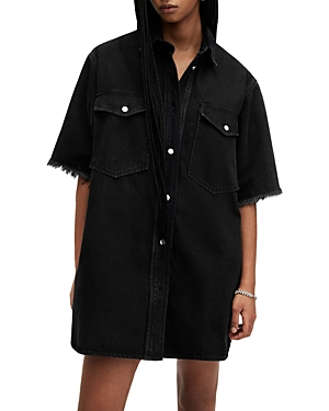 Shop Allsaints Lily Frayed Cuff Mini Denim Dress In Washed Black