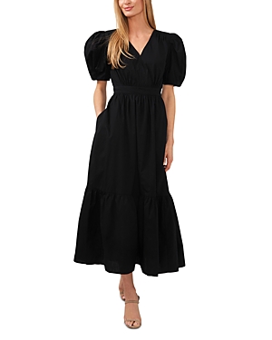 Shop Cece Cotton Belted Puff Sleeve Maxi Dress In Rich Black