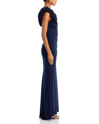 One Shoulder Ruffle Crepe Gown - Exclusive