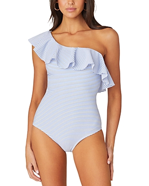 Shop Shoshanna Striped One Shoulder One Piece Swimsuit In Chambray/optic