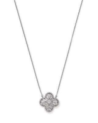 Bloomingdale's Fine Collection - Diamond Round & Baguette Flower Pendant Necklace in 14K White Gold, 1.25 tcw