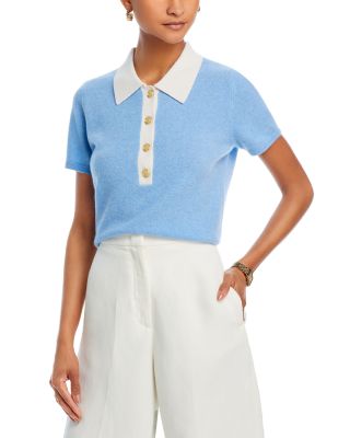 AQUA - Contrast Collar Cashmere Short Sleeve Polo Sweater - Exclusive