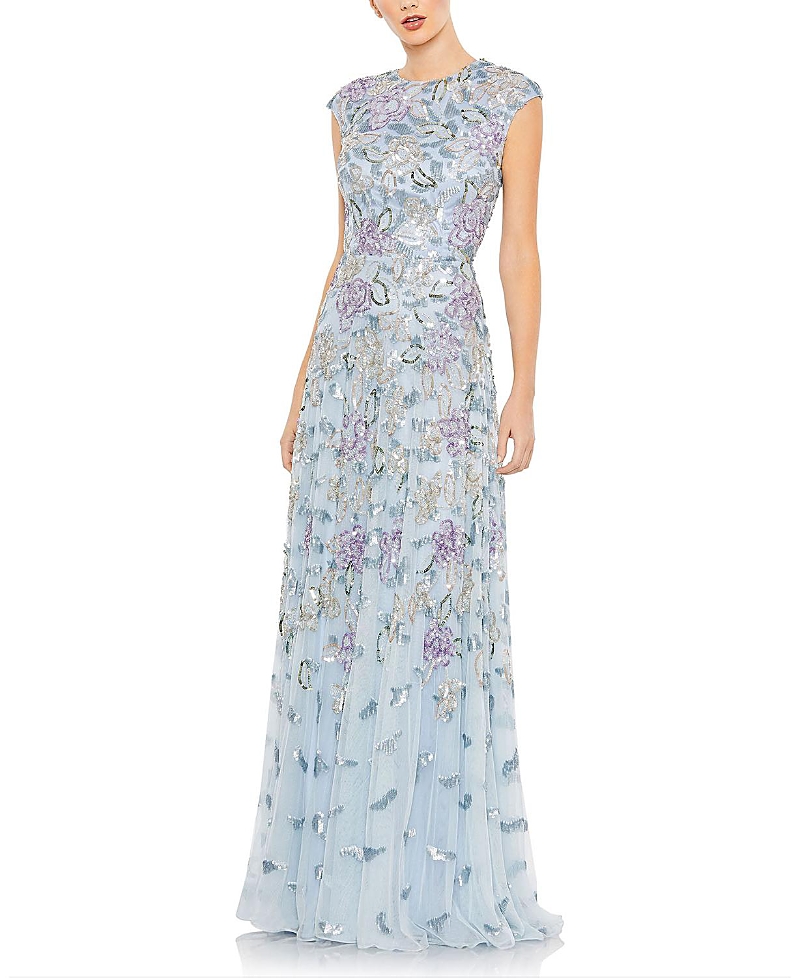 Mac Duggal Sequined High Neck Cap Sleeve A Line Gown