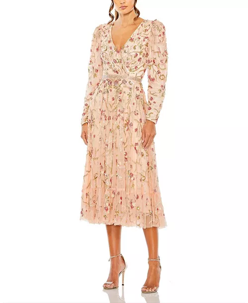 floral embellished wrap over puff sleeve a line gown