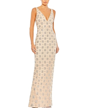 Shop Mac Duggal Sleeveless Hand Beaded V-neck Gown In Nude Silver