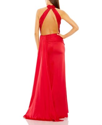 Open Back High Neck Side Ruched Gown