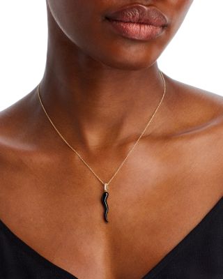Onyx & Diamond Accent Italian Horn Pendant Necklace in 14K Yellow Gold , 17"