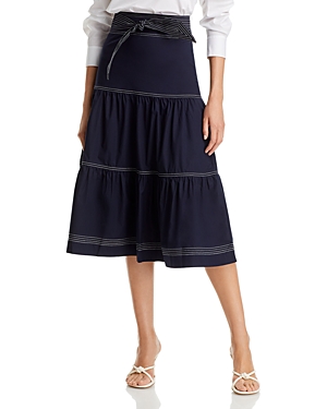 Shop Veronica Beard Armida Belted Tiered Midi Skirt In Navy