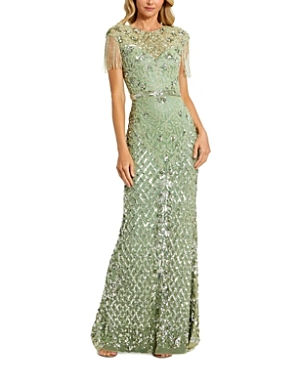 Shop Mac Duggal High Neck Sleeveless Beaded Fringe Fitted Gown In Sage