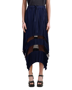 Shop The Kooples Lace Trim Pleated Midi Skirt In Navy