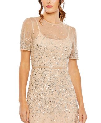 High Neck Short Sleeve Sequin Embellished Gown