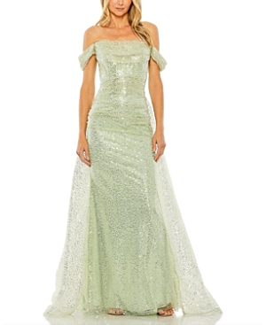 Off the Shoulder Sequin Panel Train Gown