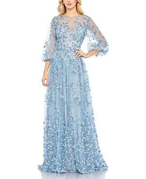 Mac Duggal Embroidered Puff Sleeve A-line Gown In Blue