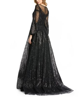 Jewel Encrusted Illusion Long Sleeve A Line Gown