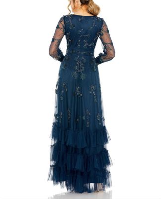 Mesh Long Sleeve V-Neck Tiered A Line Gown