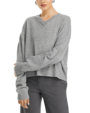 Shop Fabiana Filippi Embellished V Neck Sweater In Medium Grey