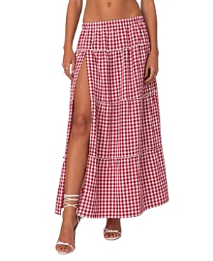 Shop Edikted Gingham Side Slit Tiered Maxi Skirt In Red
