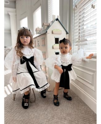 Girls' Aurora Ivory Velour Dress with Tulle Puff Sleeves - Baby, Little Kid, Big Kid