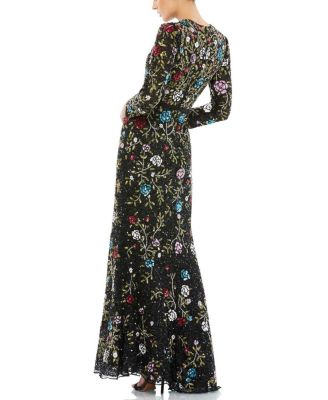 Floral Embellished Long Sleeve Gown