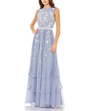 Embroidered High Neck Sleeveless Ruffled Gown