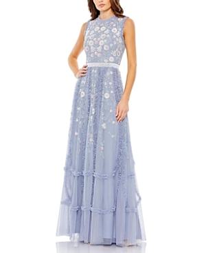 Mac Duggal Embellished High Neck Sleeveless Ruffled Gown In Slate Blue