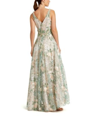 Floral Embroidered Illusion V-Neck Gown