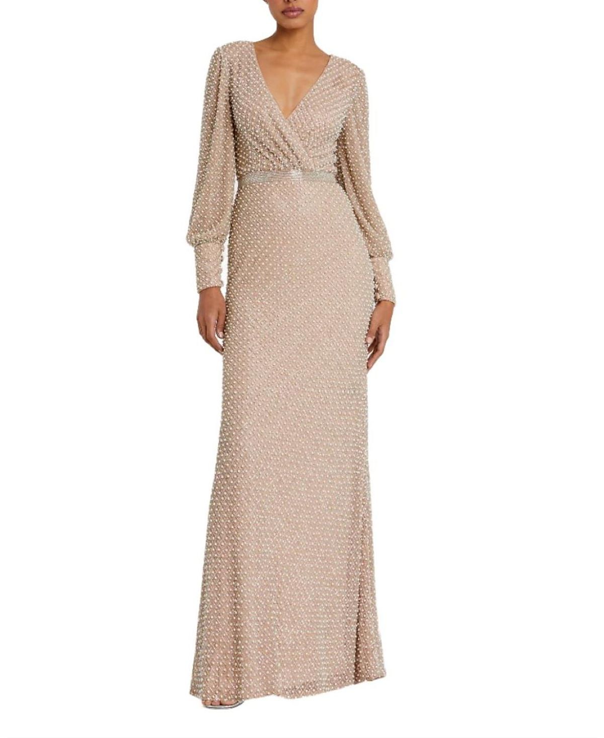 Mac Duggal Wrap Over Bishop Sleeve Pearl Beaded Gown