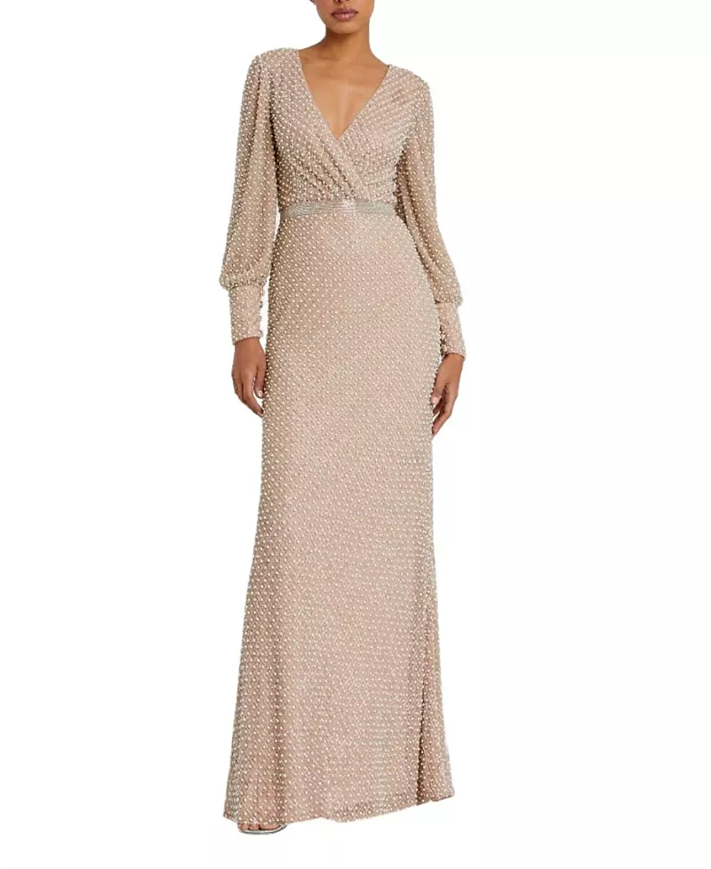 Mac Duggal Wrap Over Bishop Sleeve Pearl Beaded Gown