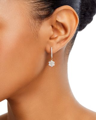 Diamond Flower Dangle Hoop Earrings in 14K Yellow Gold, 1.25 tcw