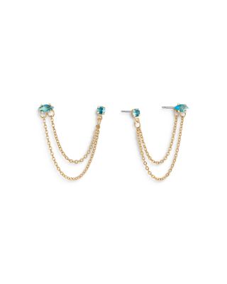 Blue Crystal & Looped Chains Double Piercing Drop Earrings in 18K Gold Plated