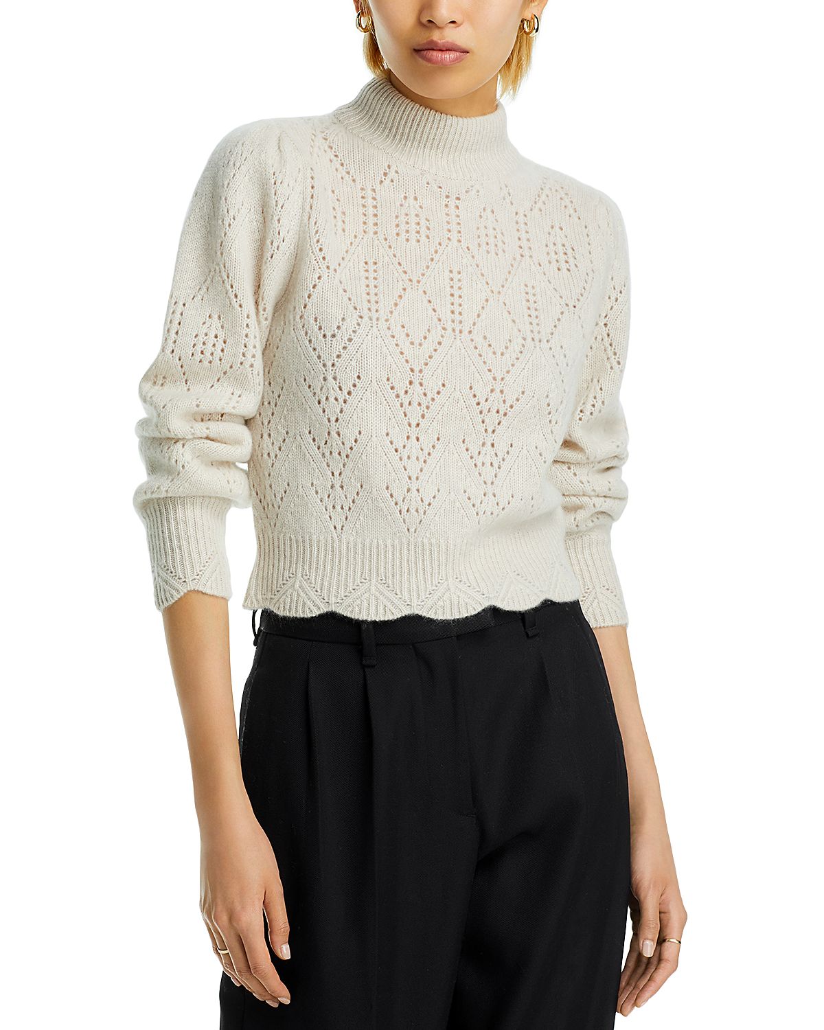 Aqua 100% Cashmere Pointelle Mock Neck Sweater - Exclusive