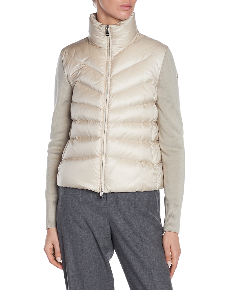 Moncler Quilted High Neck Two-material Cardigan With Feather Padding In Neutral