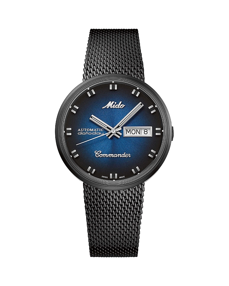 Mido Men's Swiss Automatic Commander Shade Black Pvd Stainless Steel Mesh Bracelet Watch 37mm In Blue/black
